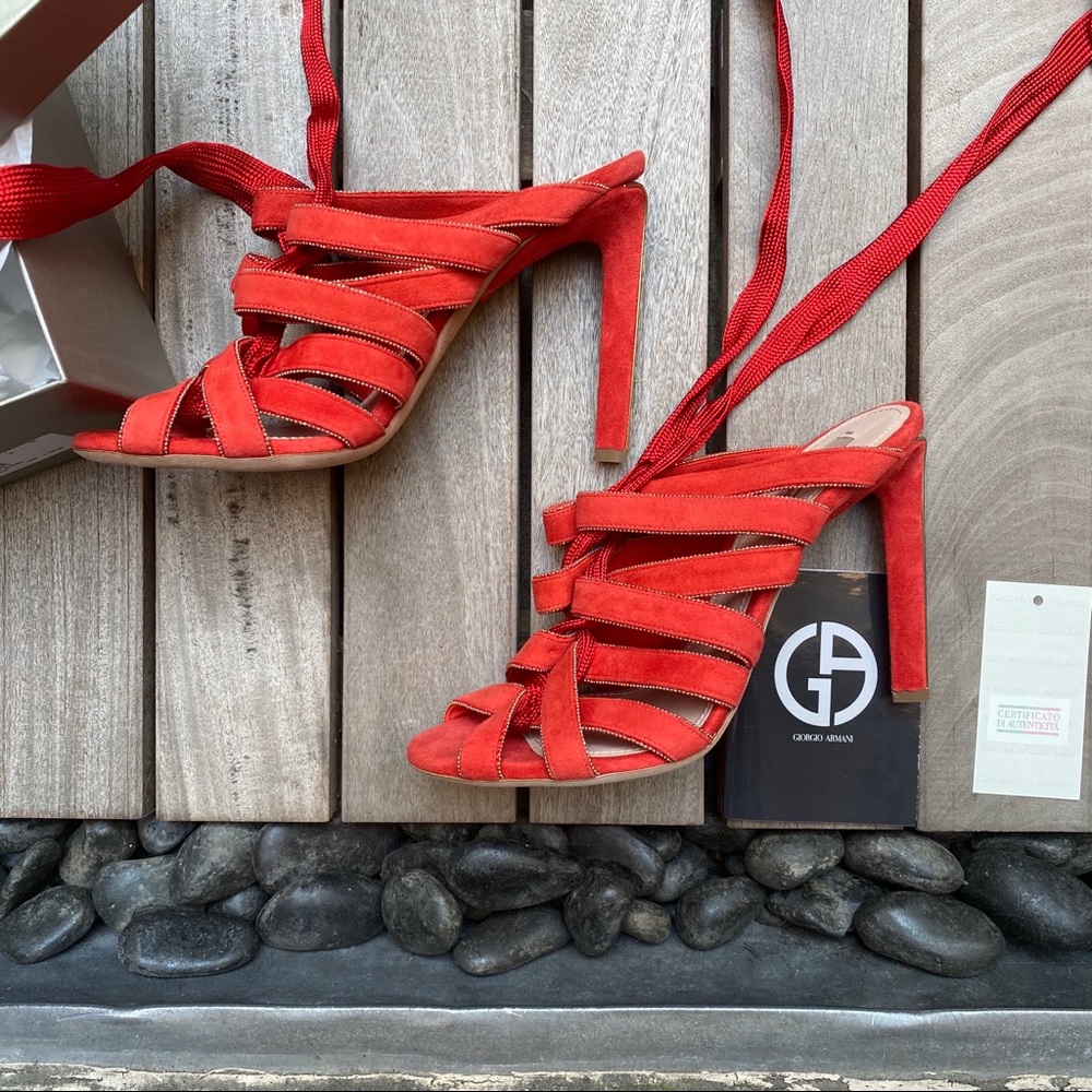 GIORGIO ARMANI Red Sandals w Heel & Braided Laces - Picture 3 of 13